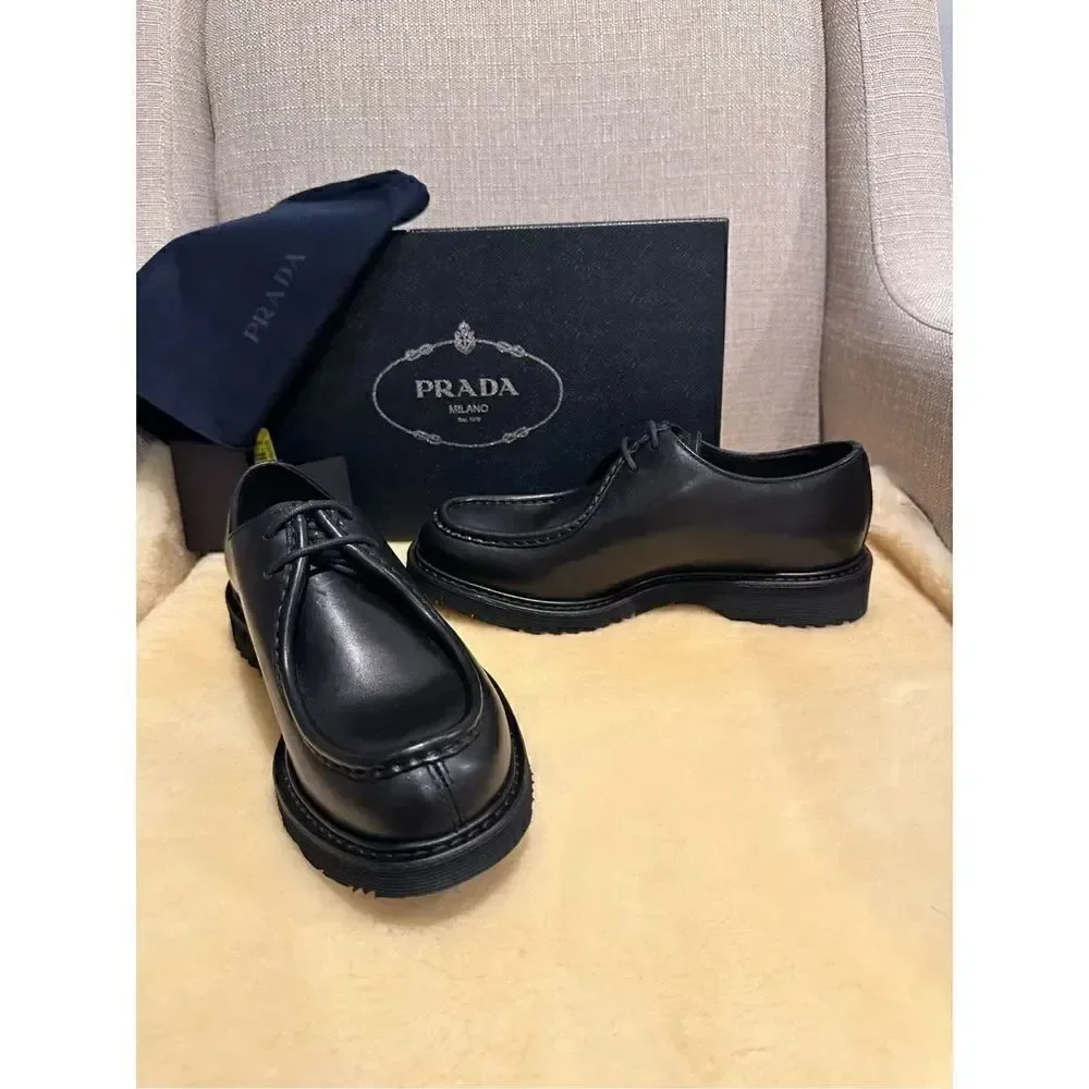 Prada Men’s brushed leather lace-up black loafers Sz US 5,5/ EU 38,5-39 NIB